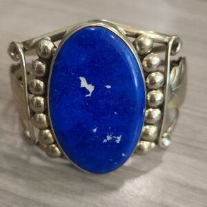 Mexican Lapis Lazuli Cuff Bracelet – Ornate Leaf Design – Unstamped Silver